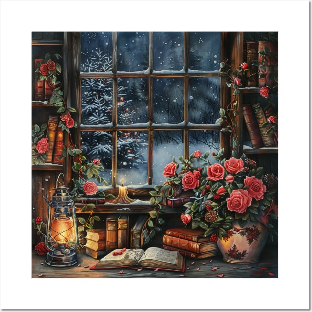 Fantasy winter starry night window Wall Art by feafox92